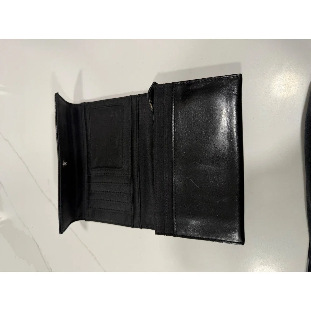 Lauren Ralph Lauren Black Leather Trifold Wallet Floral Eyelet Laser Cut Logo
